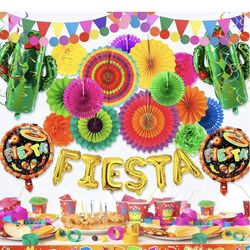 38-Piece Mexican Fiesta Party Decoration Set: Cacti, Paper Fans, Triangular Pom-Poms, and Banners—Supplies for Cinco de Mayo and Birthday Parties