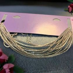 Silver Sparkle Rhinestone Wide Multi-Strand Layered Adjustable Choker Necklace