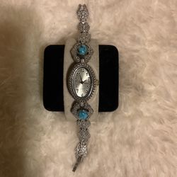 Vintage Quartz,stainless Steel Back,silver Tone Watch With Turquoise Stones