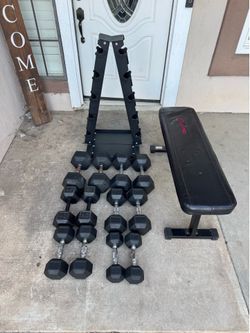 Dumbbells rubber hex 15-55lbs plus rack and bench 440lbs total