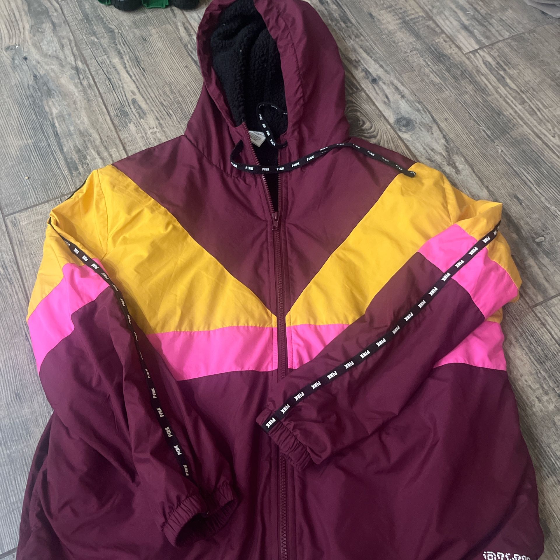 Victoria Secret Pink Vintage Windbreaker Yellow Maroon Zip Hoodie M L M/L