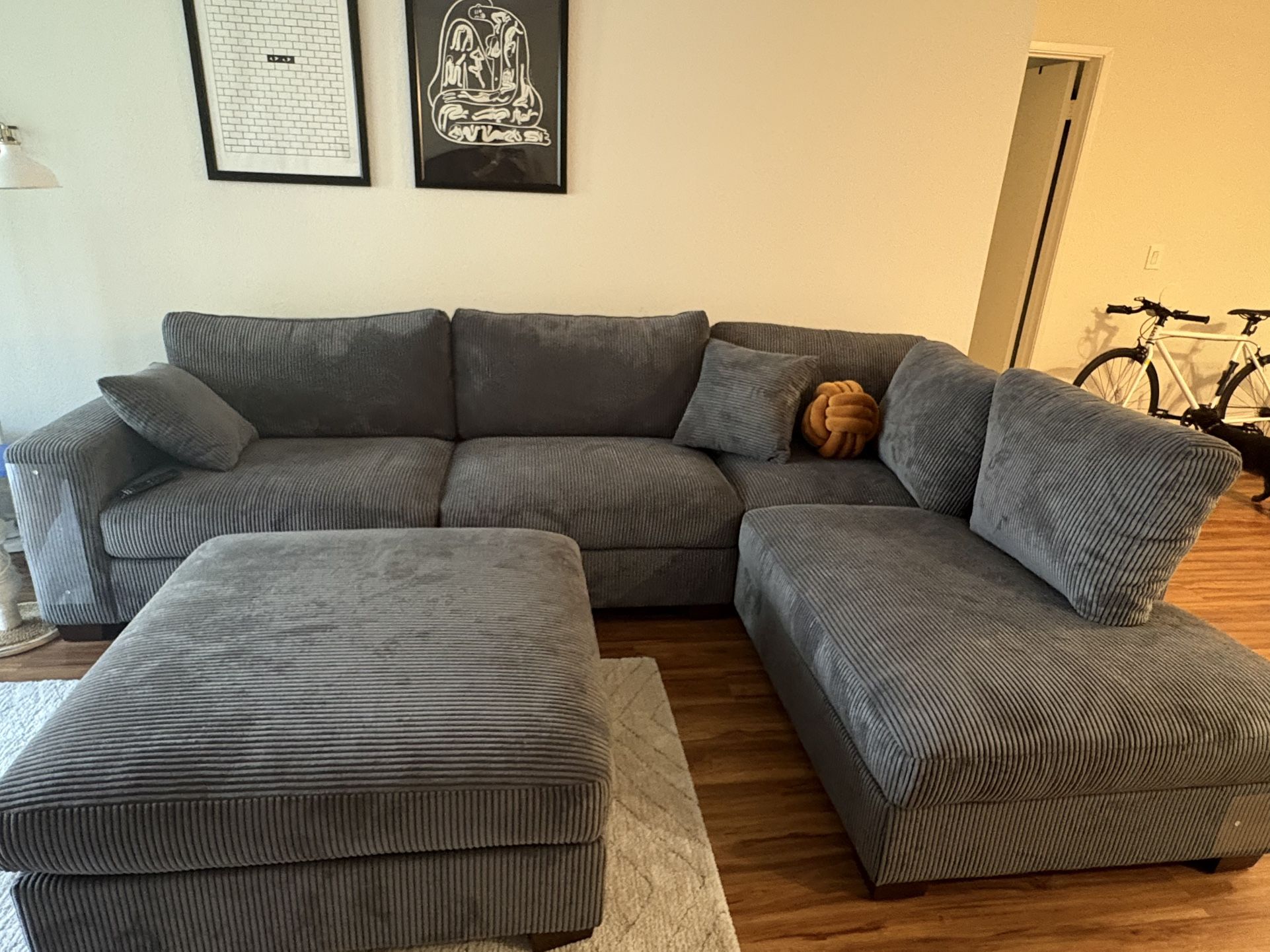 Gray Corduroy Sectional Sofa w/ Ottoman