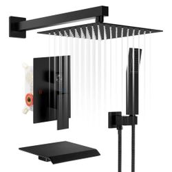 USHOWER matte Black Shower System 10in Rainfall Head Handshower And Tub Spout Rough In Valve Included New 