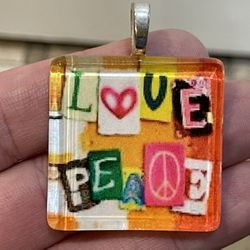 Peace Love colorful square glass pendant approx 1.5"