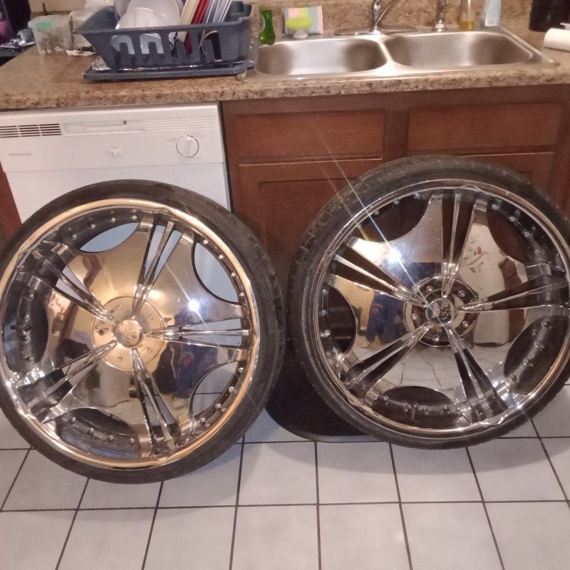 Rims Two Sets 24-in 5 Lug One Brand New Tire 3 Hold Air One Is Flat Going To Need Three Tires Soon 20 Inch Rims Three Good Tires In Excellen Conditio