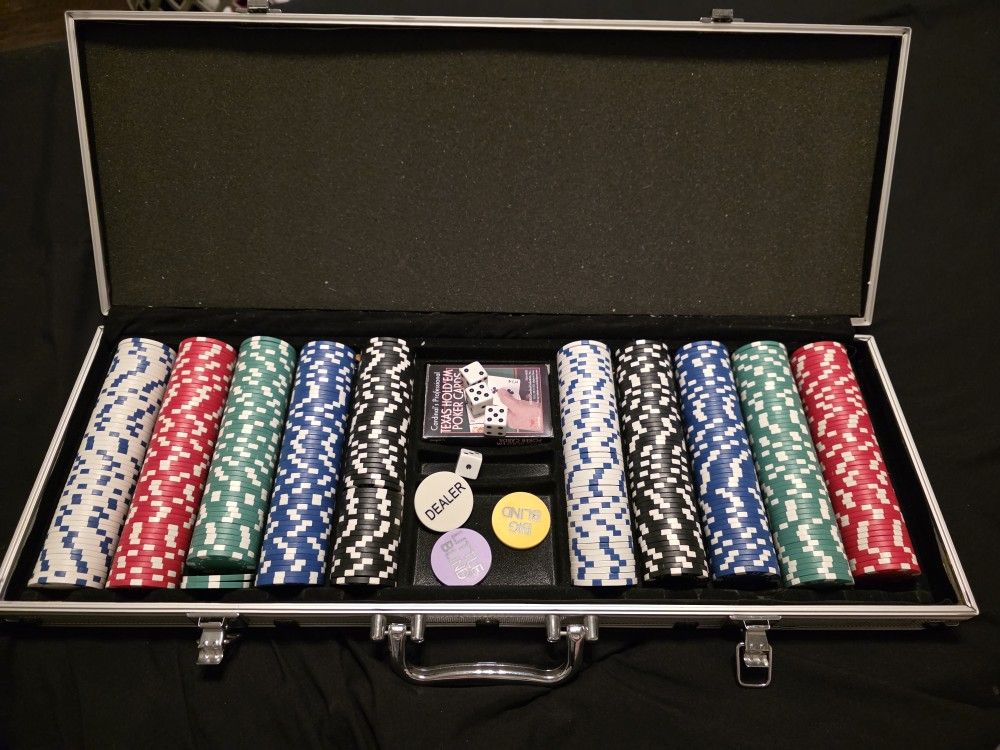 Poker Chips With Dice, Cards And Dealer Chips.