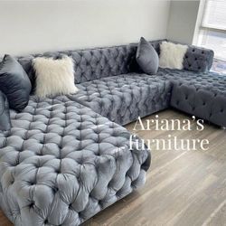 New Grey Velvet Tufted Double Chaise Sectional 
