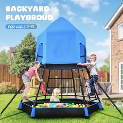 B-113 Hapfan Jungle Gym with Platform and Tent, Climbing Toys with Monkey Bars for Kids, Metal Outdoor Play Equipment