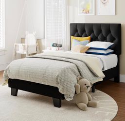 Einhomn Twin Upholstered Bed Frame with Headboard, Button Tufted Linen Bed Base, Platform Bed with Wood Slat, Heavy Duty, Easy Assembly, No Box Spring