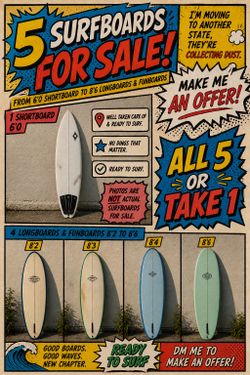 I have five (5) surfboards for sale ($500 for 5 boards)