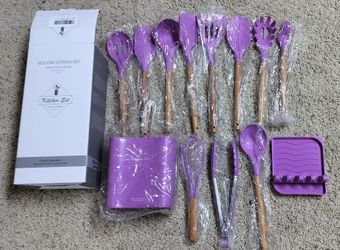 Purple Silicone Kitchen Utensil Set with Wooden Handles / see description 👍
