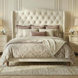 Queen sizeVelvet Bed Frame, 56-Inch Wingback Headboard, White  Deep diamond-tufted velvet headboard; 1000-lb metal and wood slat support, footboard-fr