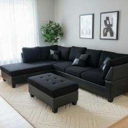 Black Microfiber Sectional W Chase and Ottoman