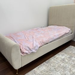 Twin size bed frame beige cream velvet upholstered 
