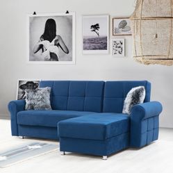 BLUE VELVET SOFA CHAISE ! CONVERTIBLE WITH STORAGE UNDERNEATH ! SOLD BY MINAS HOME FURNITURE ! 851 Van Houten Ave Clifton NJ 07013