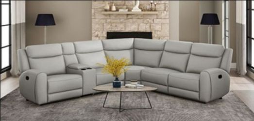 Brand New Grey Top Grain Leather Reclining Sectional Sofa