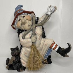 Witch Statue Dancing With BroomStick Figurine With Black Cat Ceramic Halloween