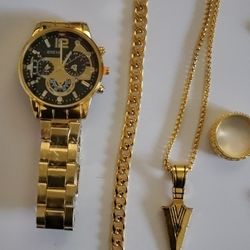 GENEVA MENS WATCH 4 PIECE SET BRACELET,NECKLESS,RING ,WATCH NEW IN PLASTIC DOWELS ON WACTH ARE FOR SHOW ONLY 