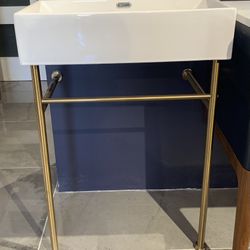 24” Swiss Madison Ceramic Console Sink White Basin Gold Legs