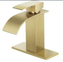 AKLFGN Waterfall Spout 1-Handle Low Arc 1-Hole Bathroom Faucet with Deckplate Included in Brushed Gold