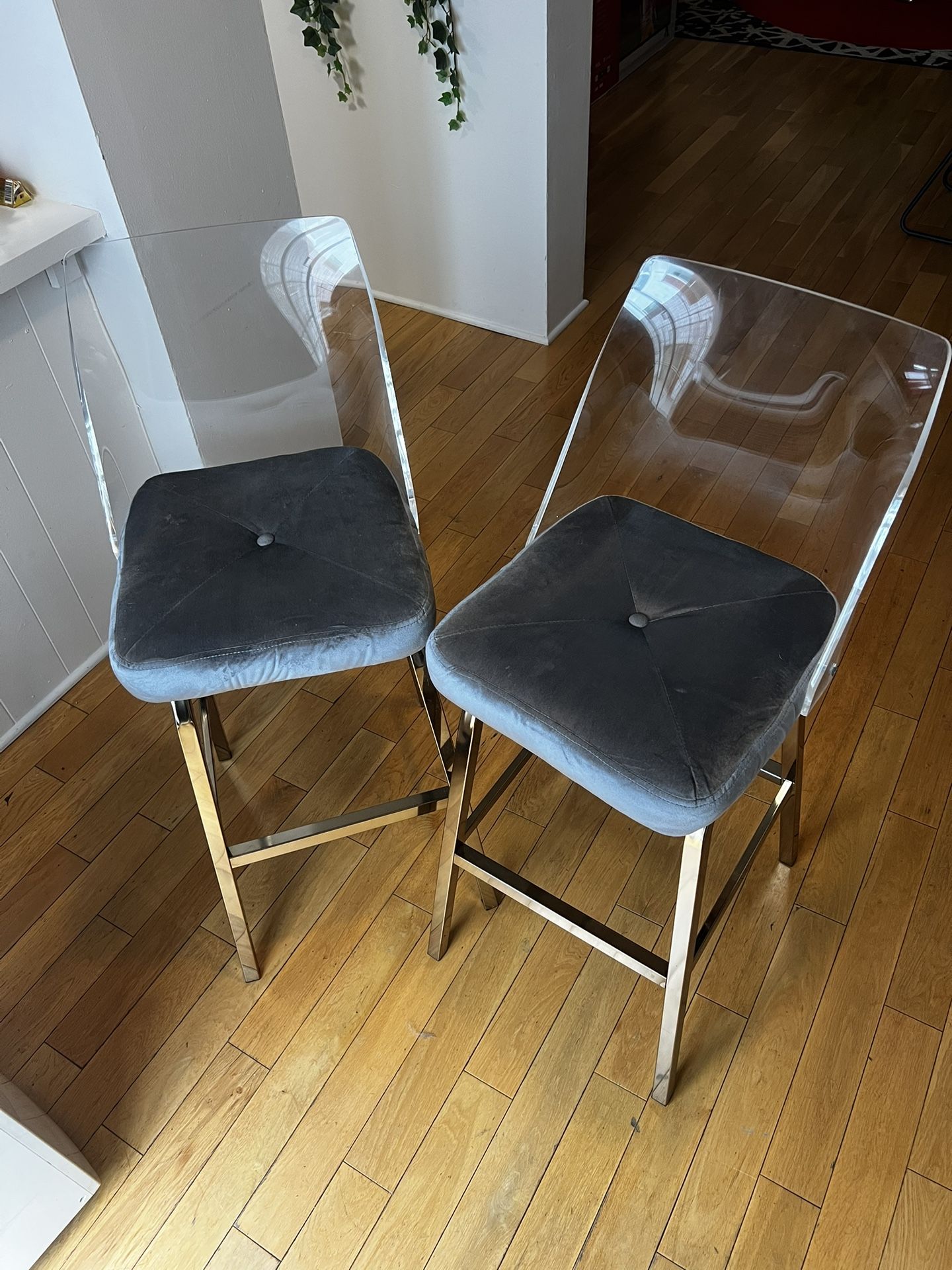 Pair Of Modern Acrylic & Chrome Bar Stool w/ Velvet Cushion