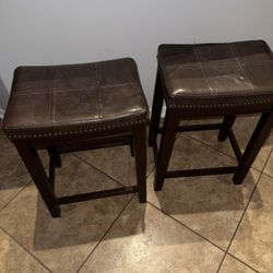 Set of 2 Brown Leather Bar Stools
