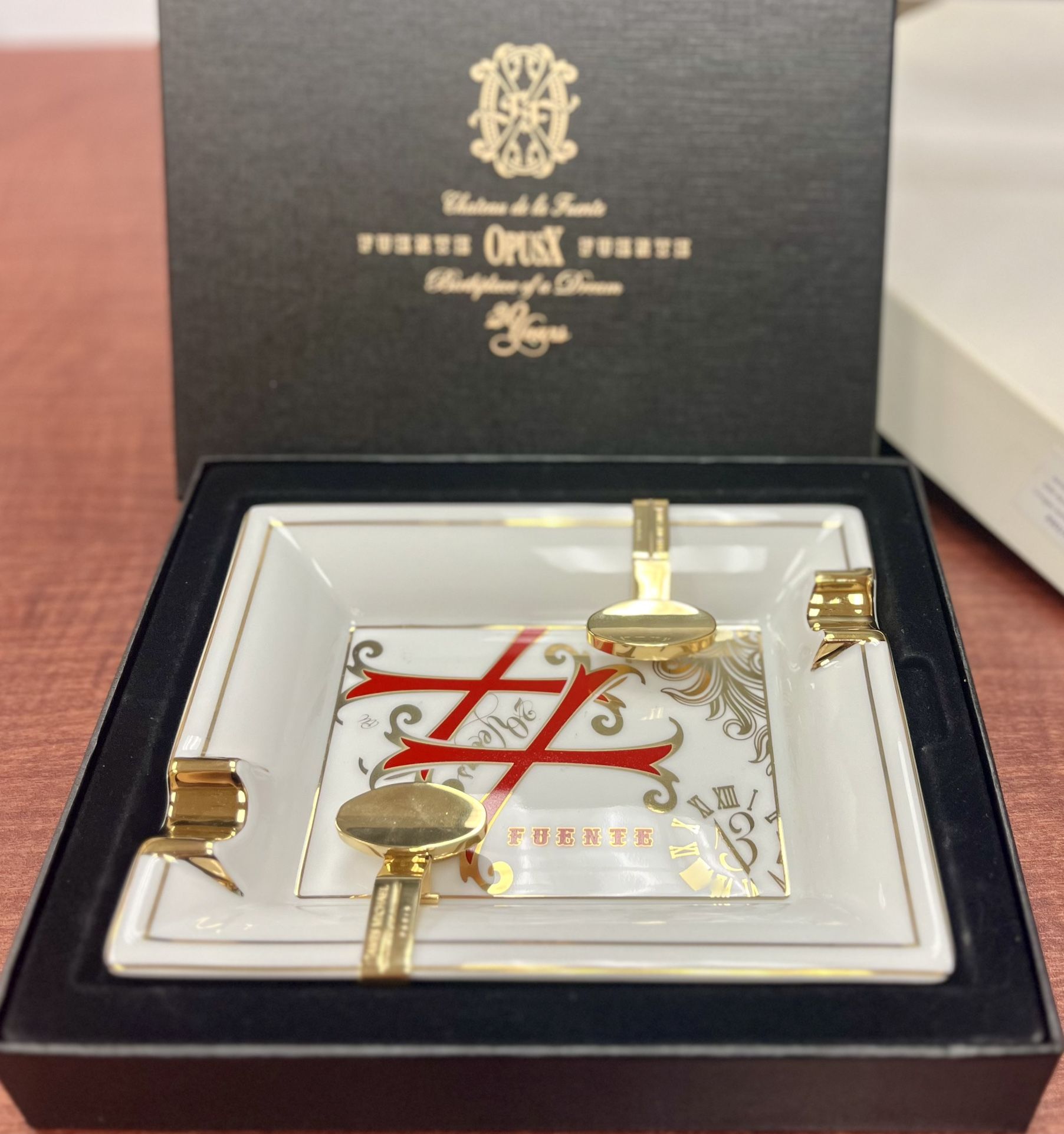 Limited Edition James Michael Opus X Porcelain Ashtray in White with Two Gold Finish Cigar Bridges
