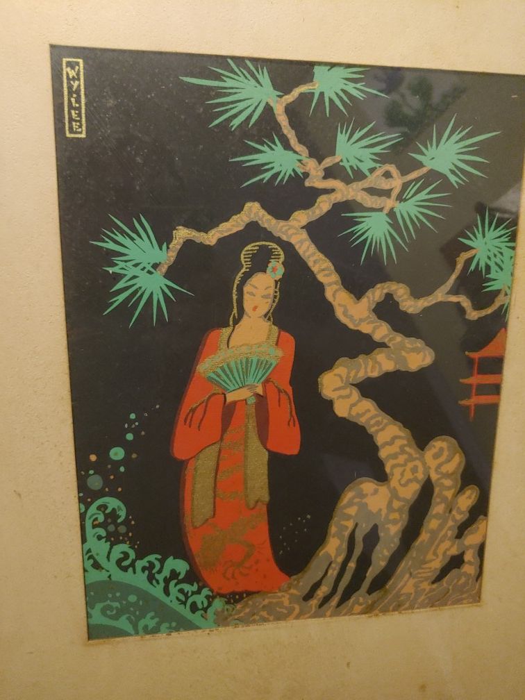 WY LEE beautiful gold accent old japanese painting.