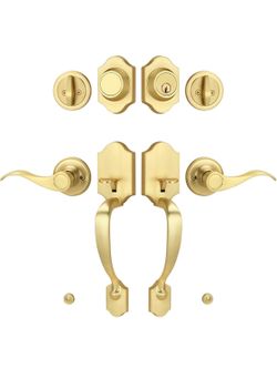Double Front Door Handle Set with Dummy and Deadbolt, Brushed Gold Entry Front Door Lock Set with Gold Classic Half Grip Curved Door Handle for Exteri