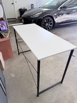White Top Desk with Black Metal Frame + desk chair