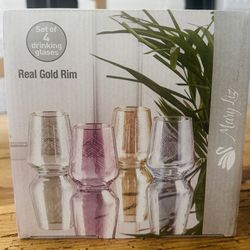 Mary Liz AKBAY Real Gold Rim Glassware Set Of 4 Drinking Glasses  Brand New 14 1/2 Oz 