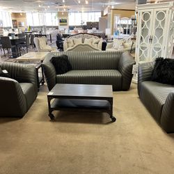 3Pcs Set Dark Grey Leather Sofa, Loveseat, Chair