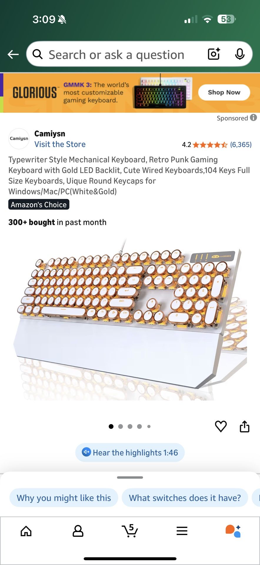 Typewriter Style Mechanical Keyboard, Retro Punk Gaming Keyboard with Gold LED Backlit, Cute Wired Keyboards,104 Keys Full Size Keyboards, Uique Round