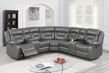 Brand New Grey Super Plush Leather Power Reclining Sectional Sofa