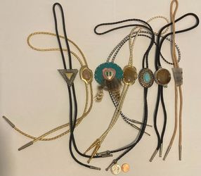 Vintage Lot of 7 Metal Bolo Ties, Nice Designs, Triangle, Turquoise, More, Quality, Heavy Duty, Made in USA, Country & Western, Cowboy, Western Wear, 