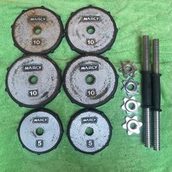 55 LBS. OF RUBBER BORDER ADJUSTABLE DUMBBELLS :  (FOUR)  10s  &  (TWO)  5s