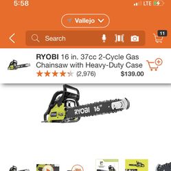 RYOBI 16 INCHES CHAINSAW GAS WITH HEAVY DUTY CASE BRAND NEW 