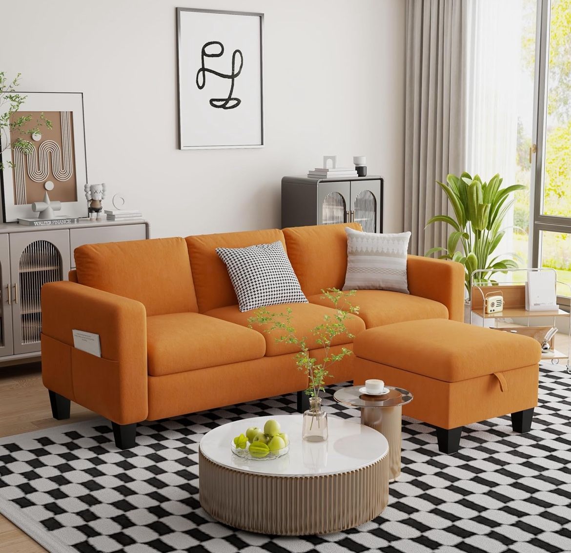  Convertible Sectional Sofa Couch,Classic 3 Seat L-Shaped Sofa Set with Movable Ottoman, Modern Orange Velvet Upholstered Small Sectional Sofa Couch f