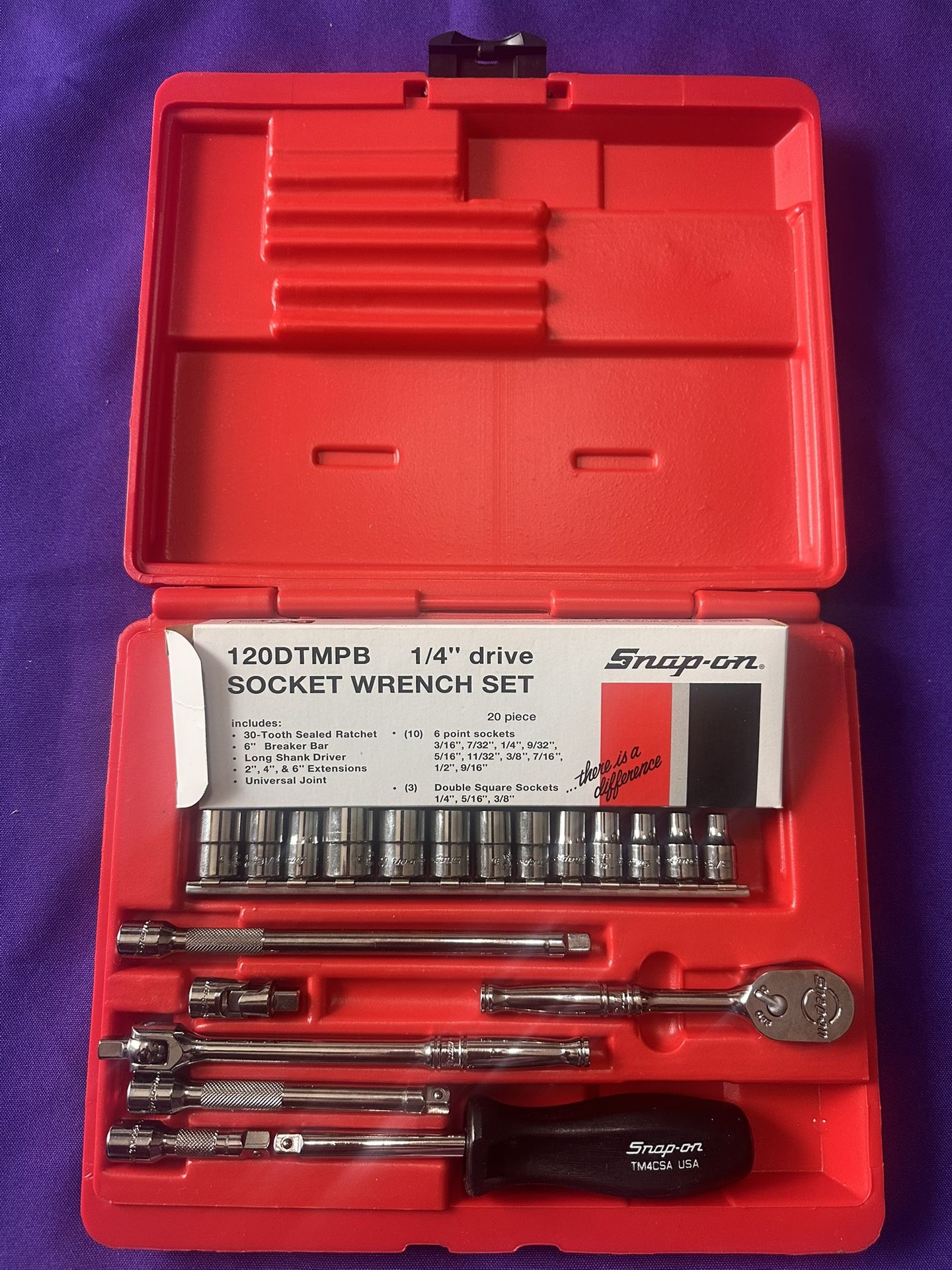 Snap On 20pc 1/4” Drive General Service Set 120DTMPB Ratchet Extensions Socket