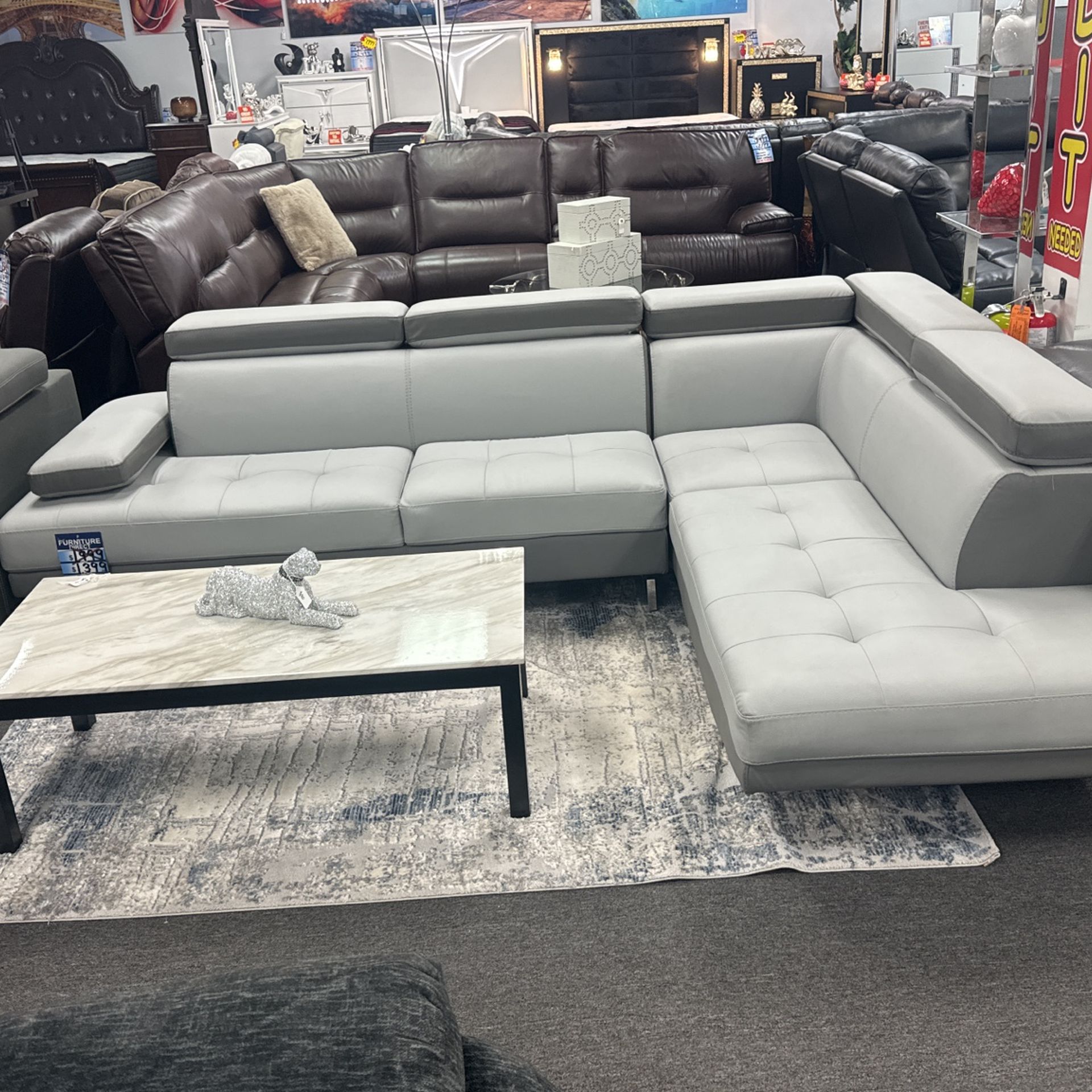 Elegant Two Tone Grey Sectional ✨With Adjustable Headrest Available In White,Red,&Black