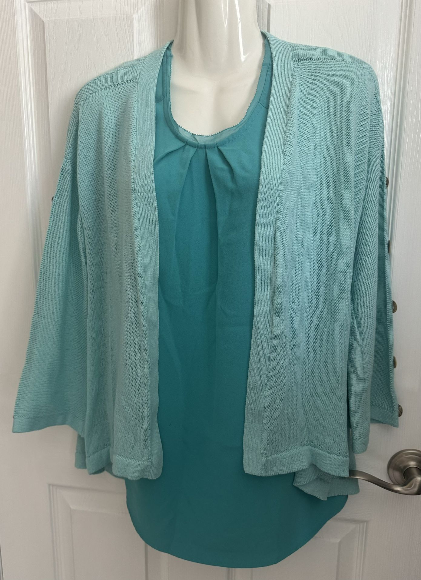 SOFT SURROUNDINGS Women 2 Pc Set Teagan Tunic Tank In Tidal Wave & Cardigan Turquoise Sz XS