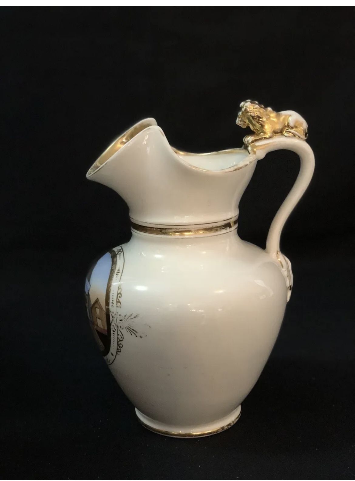 Antique porcelain souvenir water pitcher from Dryrefjord Iceland. C.T. Altwasser.