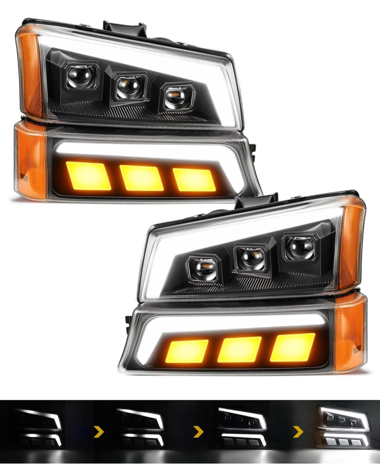 Partsam LED Headlights Assembly DOT Approved with Start-up Light DRL Sequential Turn Signal Hi/Low Sealed Beam Side Marker Lights Replacement for Silv