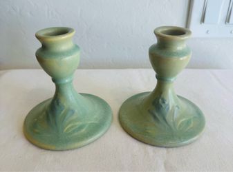 One Pair of 2 Antique Roseville Pottery Cremona Candleholders #1068-4 Green