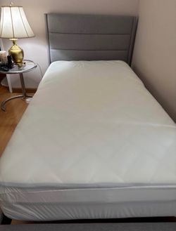 Twin Bed w/ Gray Upholstered Headboard Mattress