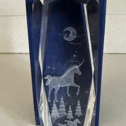 3D Unicorn Glass Paperweight Laser Etched Crystal Cube Horses Forrest Moon 6”x2”