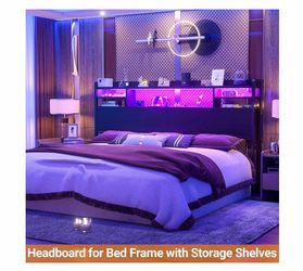 Black Headboard for King Size Bed with Storage, shelves, LED Lights, Power Outlets - NEW