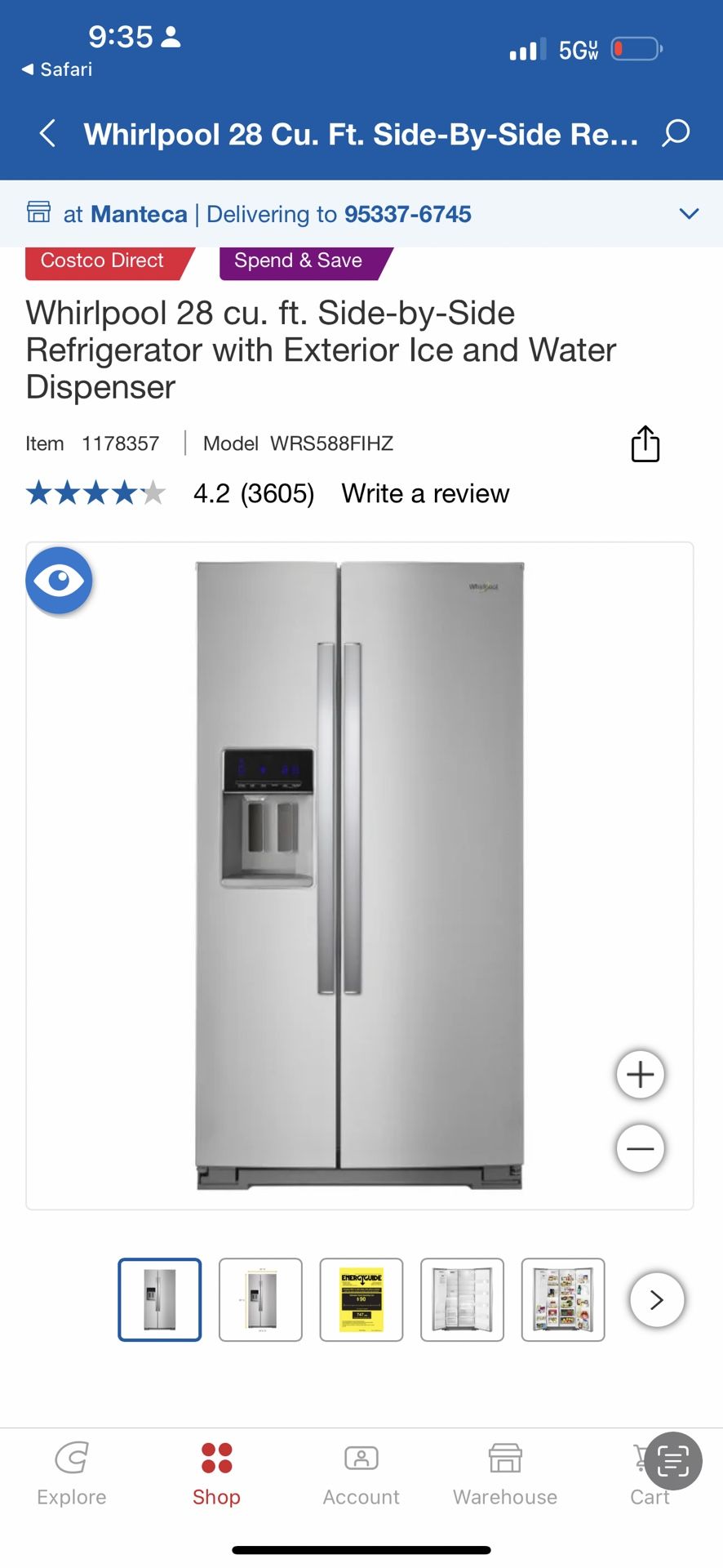 Whirlpool 28 cu. ft. Side-by-Side Refrigerator with Exterior Ice and Water Dispenser