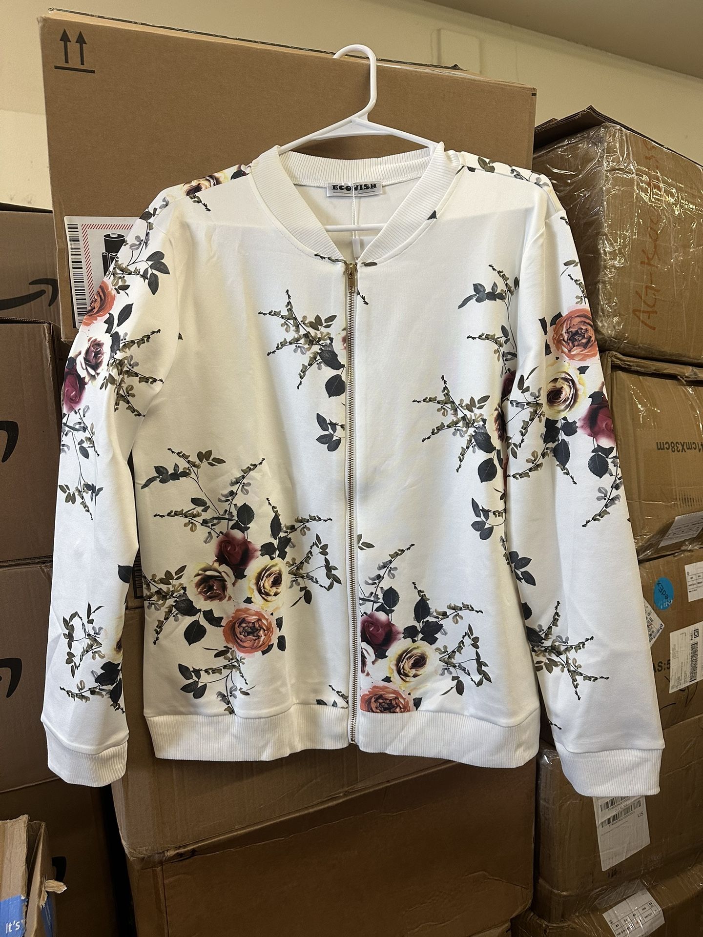 Women's Casual Floral Zip Up Bomber Jacket Coat Stand Collar Lightweight Short Outwear Tops