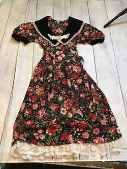 Vintage Emily West Black & Pink Floral Tie Back Collared Dress Size 6x
